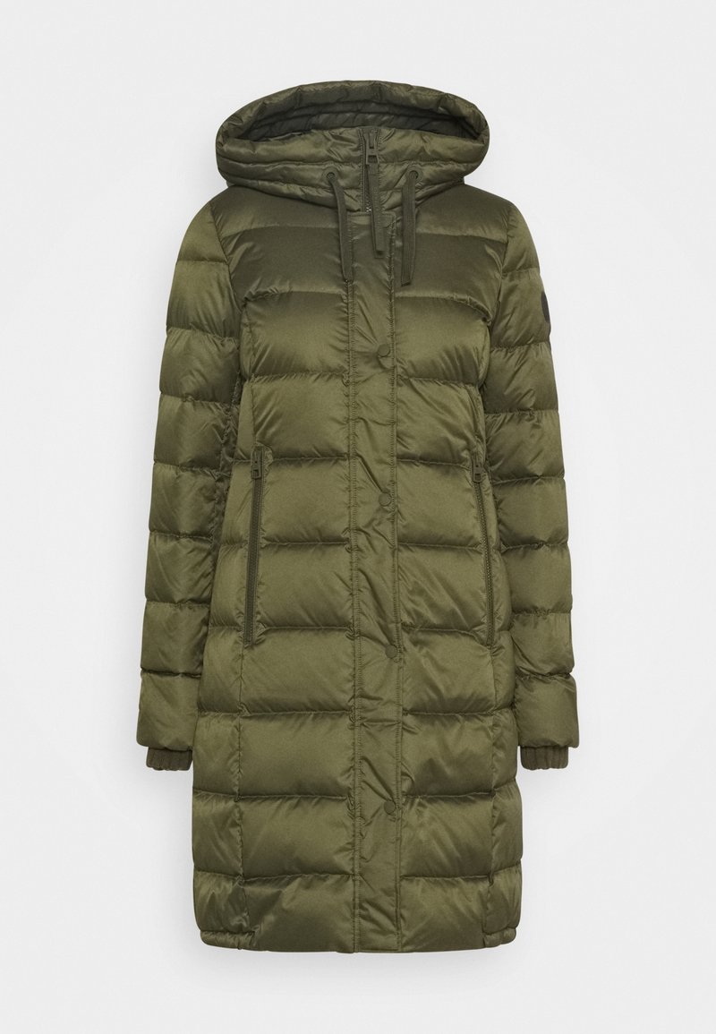 Olivgrüne Steppjacke mit Kapuze, ausgestattet mit einem Reißverschluss vorne, zwei seitlichen Reißverschlusstaschen, einem gesteppten Muster und gerippten Bündchen.