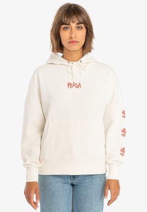 Cream-colored hoodie made from soft material. Features a front pocket, drawstring hood, and red rose prints on the sleeves.
