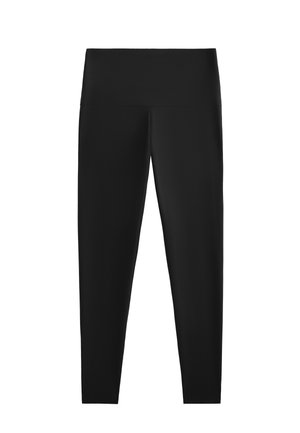 Fekete leggings magas derékkal, rugalmas anyagból készült. Simaság és testhezálló kialakítás a kényelmes viselet érdekében. Nincsenek látható minták vagy fém részek.