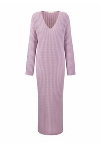 Langärmliges, V-Ausschnitt Kleid aus leichtem lavendel-lila Strick mit gerippter Textur. Figurbetonte Silhouette mit ausgestelltem Saum, minimalistisches Design.
