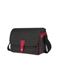 Borsa a tracolla nera con un motivo a logo ripetuto, accenti rossi, chiusura a scatto magnetico e tracolla regolabile.