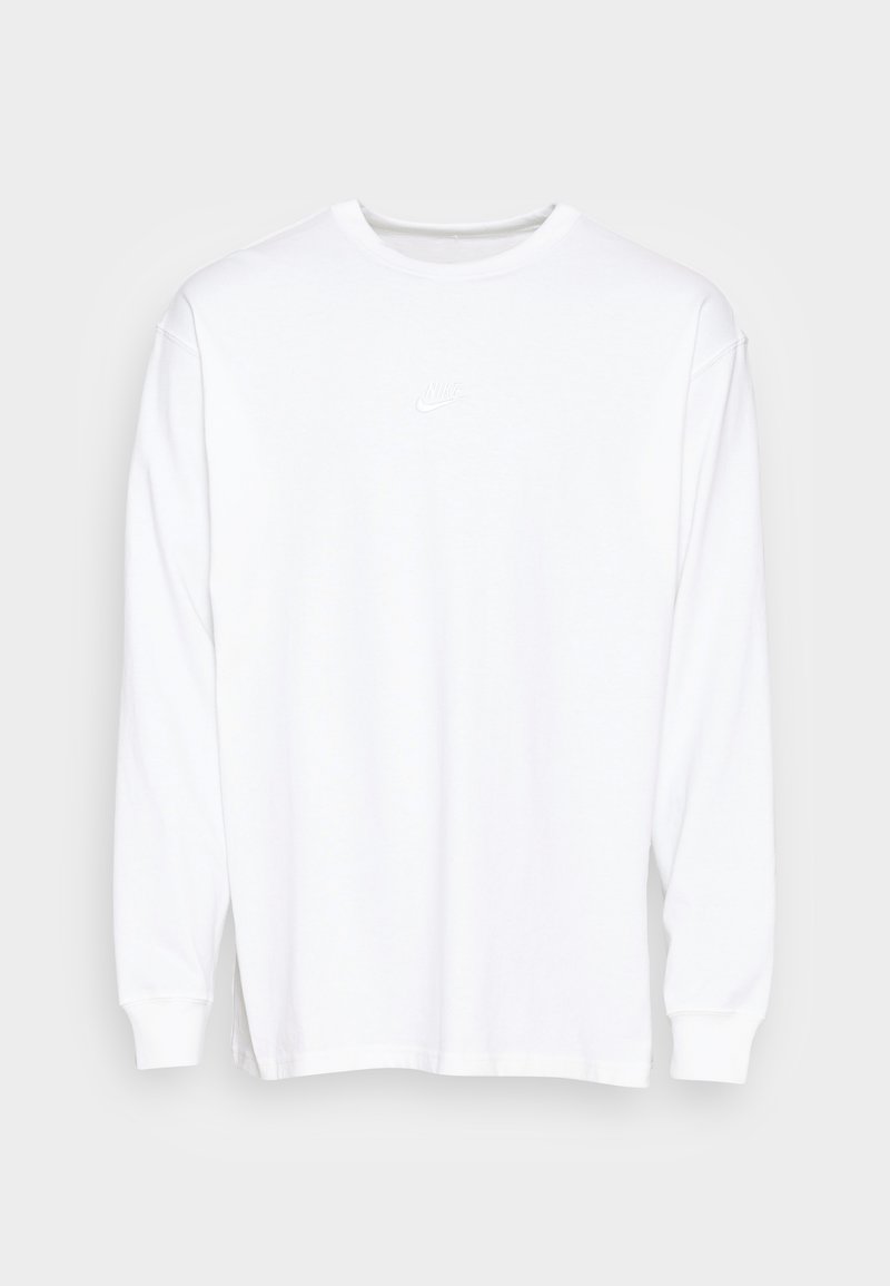 Witte lange mouwen T-shirt van katoen, met een ronde hals, drop shoulders en een klein wit logo op de borst.