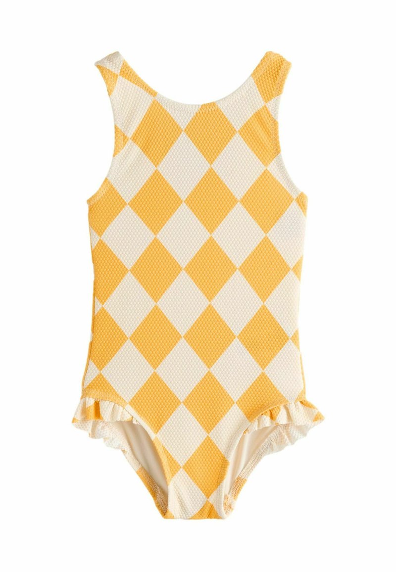 Maillot de bain à carreaux jaunes et blancs avec un motif texturé, présentant un ourlet volanté et une conception sans manches. Fabriqué en tissu de maillot de bain.