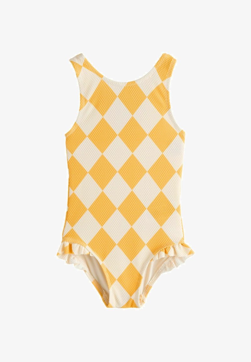 Maillot de bain à carreaux jaunes et blancs avec un motif texturé, présentant un ourlet volanté et une conception sans manches. Fabriqué en tissu de maillot de bain.