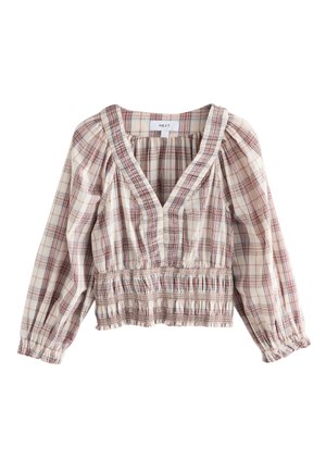Next, REGULAR FIT - SMOCKED V-NECK LONG SLEEVE - Blouse - brown/cream check