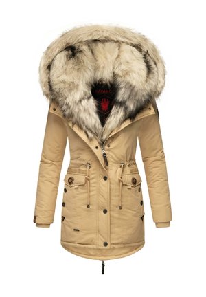 Parka d’hiver beige avec grande capuche doublée de fourrure, fermeture éclair à l’avant avec boutons, deux poches à rabat avec boutons et cordons de taille réglables.
