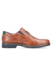 Scarpa da uomo in pelle marrone con finitura liscia, punta rotonda, accenti blu e suola in gomma testurizzata. Presenta cuciture e lacci a contrasto.