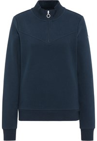 Sweat-shirt à enfiler bleu marine avec col montant, fermeture à glissière quart, et poignets et ourlet côtelés. Présente un motif de couture géométrique sur la poitrine.