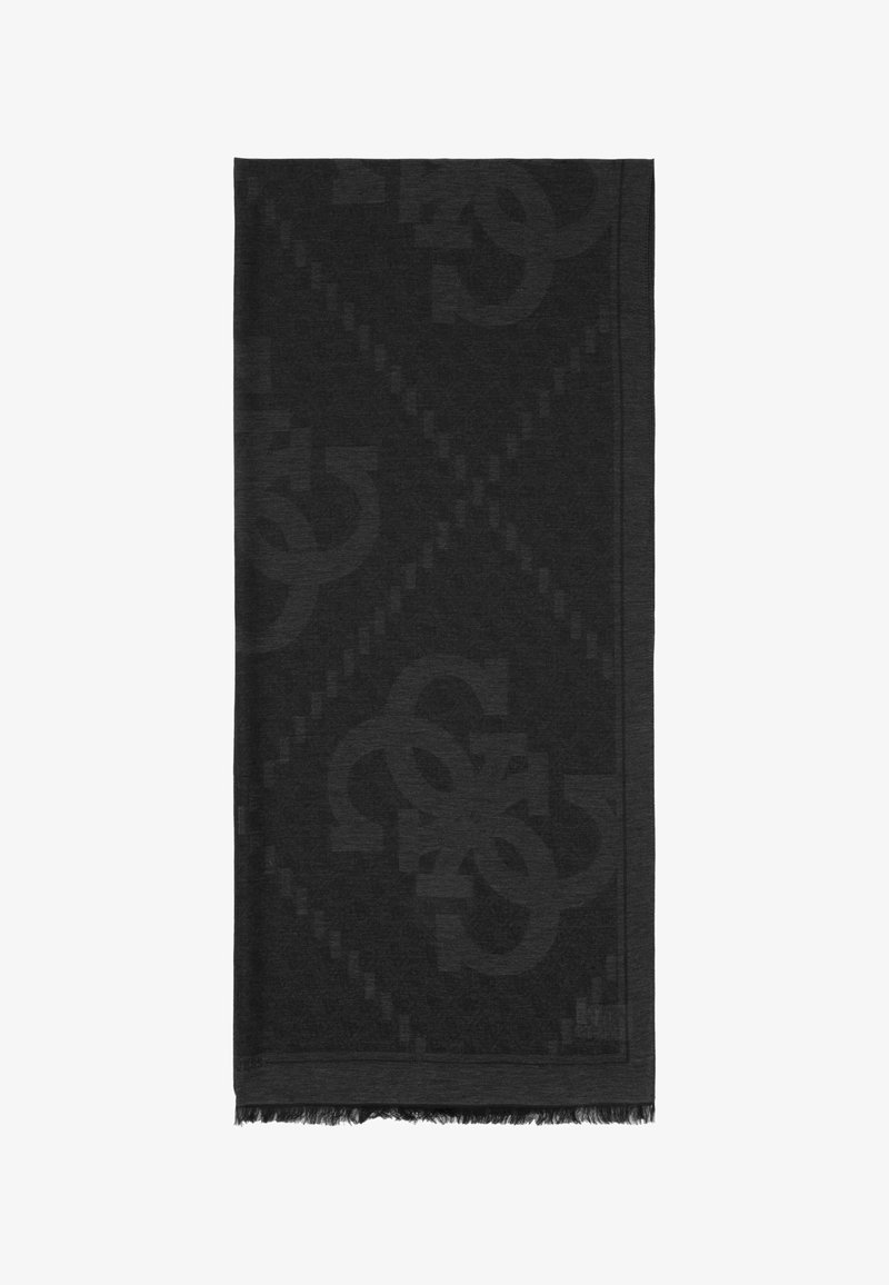 Sort vævet tørklæde med et geometrisk mønster, prydet med tonale logoer, frynsede kanter og en blød tekstur. Rektangulær form, minimalistisk design.