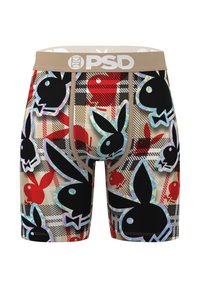 Men’s boxer briefs with beige waistband, red and black plaid background, and large black and red bunny head logos with bow ties.