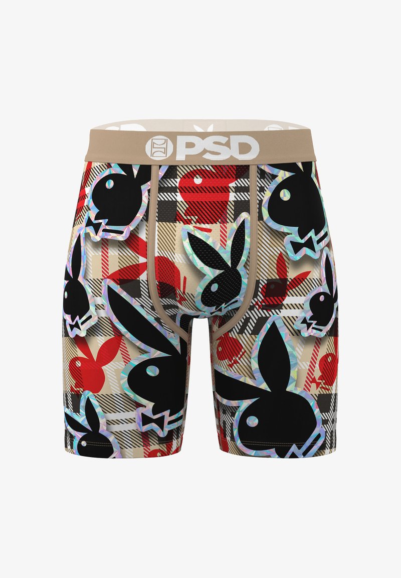 Herenboxers met beige tailleband, een rood-zwart ruitpatroon en grote zwarte en rode konijnenhoofden met strikjes.