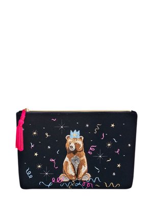 Melnas auduma soma ar lāča dizainu un kroni, zelta rāvējslēdzis un rozā pušķis. Izšūtas zvaigznes un krāsains konfeti raksti.