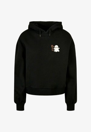 Sort cropped hoodie med et spøgelsesmotiv og teksten "Boo to You" i orange. Har en hætte med snørebånd og ribbede manchetter. Blød stoftekstur.