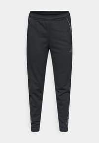 Pantaloni de trening atletici negri, realizați dintr-un material moale, cu un design conic, talie elastică și accente laterale reflectorizante.