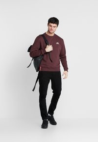 Bordeaux sweatshirt med et simpelt logo, sorte bukser og sorte sko. Modellen holder en sort rygsæk med en strop til skulderbæring.