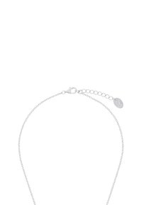 Collana in argento delicato con chiusura a gancio e link regolabili, caratterizzata da un piccolo tag rotondo vicino alla chiusura.