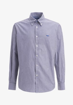 Heren lange mouwen overhemd met knopen, blauw-witte verticale strepen en een klein geborduurd blauw hondenlogo op de borst.