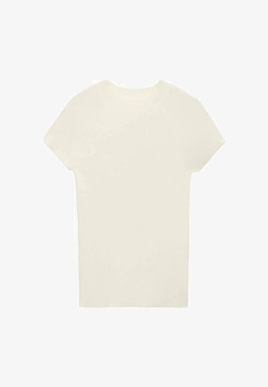 Svetlo bež majica s kratkimi rokavi, rebrasta tekstura na ramenih, mehak material in ravno krojenje. Brez vidnih logotipov ali vzorcev.