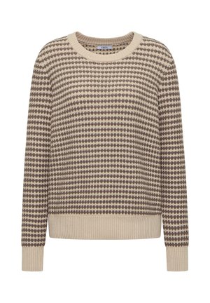 Maglione lavorato a maglia con scollatura rotonda, caratterizzato da uno sfondo beige e modelli geometrici marroni. Include polsini e orlo a coste.