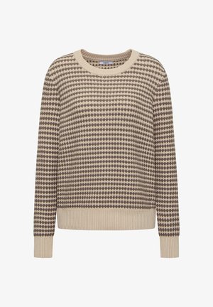 Maglione lavorato a maglia con scollatura rotonda, caratterizzato da uno sfondo beige e modelli geometrici marroni. Include polsini e orlo a coste.
