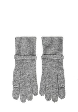 Szare, dzianinowe rękawice z prążkowanym mankietem, miękką teksturą i eleganckim designem; kciuki i palce są oddzielne, co ułatwia ich użycie.
