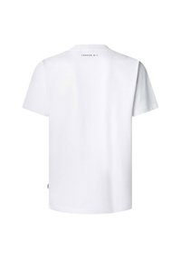 White cotton t-shirt with short sleeves, round neckline, and a small printed detail on the back reading "LONDON W11." Smooth texture.