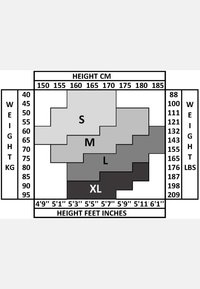 Tableau des tailles avec des mesures en cm et en lbs. Sections étiquetées S, M, L, XL dans différentes nuances de gris. Mise en page claire pour la taille et le poids.