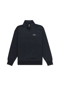 Ciemnoniebieska bluza z wysokim kołnierzem, ćwierć zamkiem, prążkowanymi mankietami i dołem. Zawiera małe białe logo na piersi. Gładka faktura materiału.