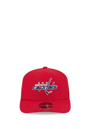 Rote Baseballkappe mit Washington Capitals-Logo, Netzrückseite, flachem Schirm und verstellbarem Riemen.