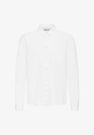 Valge pika varrukaga nööbitav särk krae ja rinnataskuga, mõeldud vabaaja või pidulikuks kandmiseks.