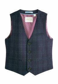 Marinblå rutmönstrad väst med en slät textur, med ett foder i rosa satin, fem knappar och två framfickor. Etiketter synliga inuti.