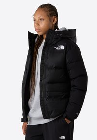 Joven con cabello largo trenzado que lleva una chaqueta acolchada negra, sudadera gris y pantalones negros, todo con la marca The North Face.