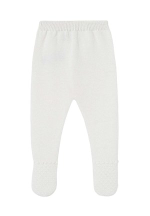 Pantalon pour bébé en tricot blanc avec une texture douce, une taille élastique et des pieds texturés. Design simple sans motifs ni ornements.