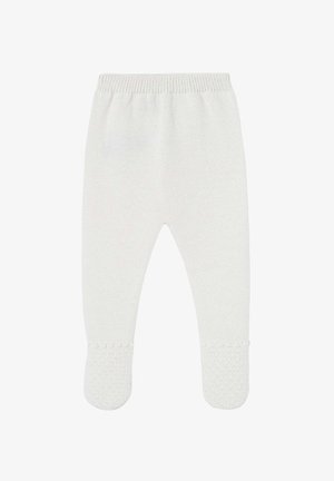 Pantalon pour bébé en tricot blanc avec une texture douce, une taille élastique et des pieds texturés. Design simple sans motifs ni ornements.