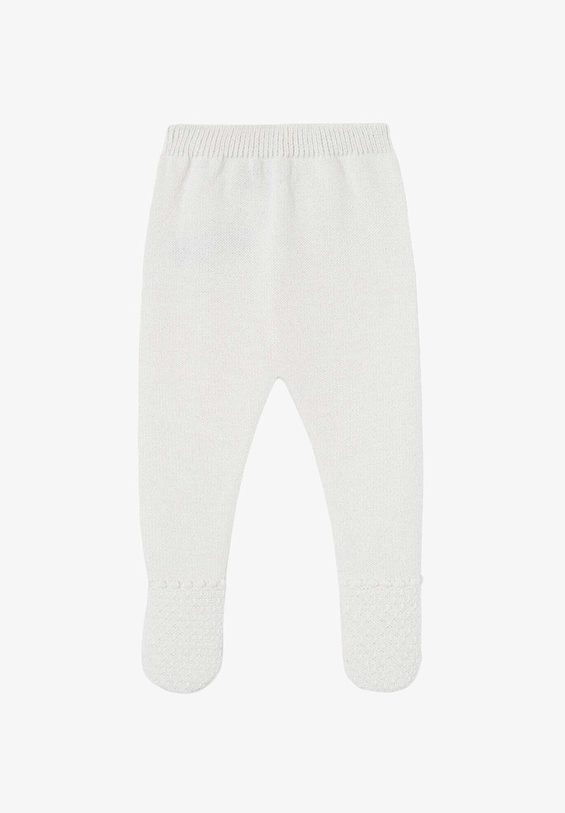 Pantalon pour bébé en tricot blanc avec une texture douce, une taille élastique et des pieds texturés. Design simple sans motifs ni ornements.