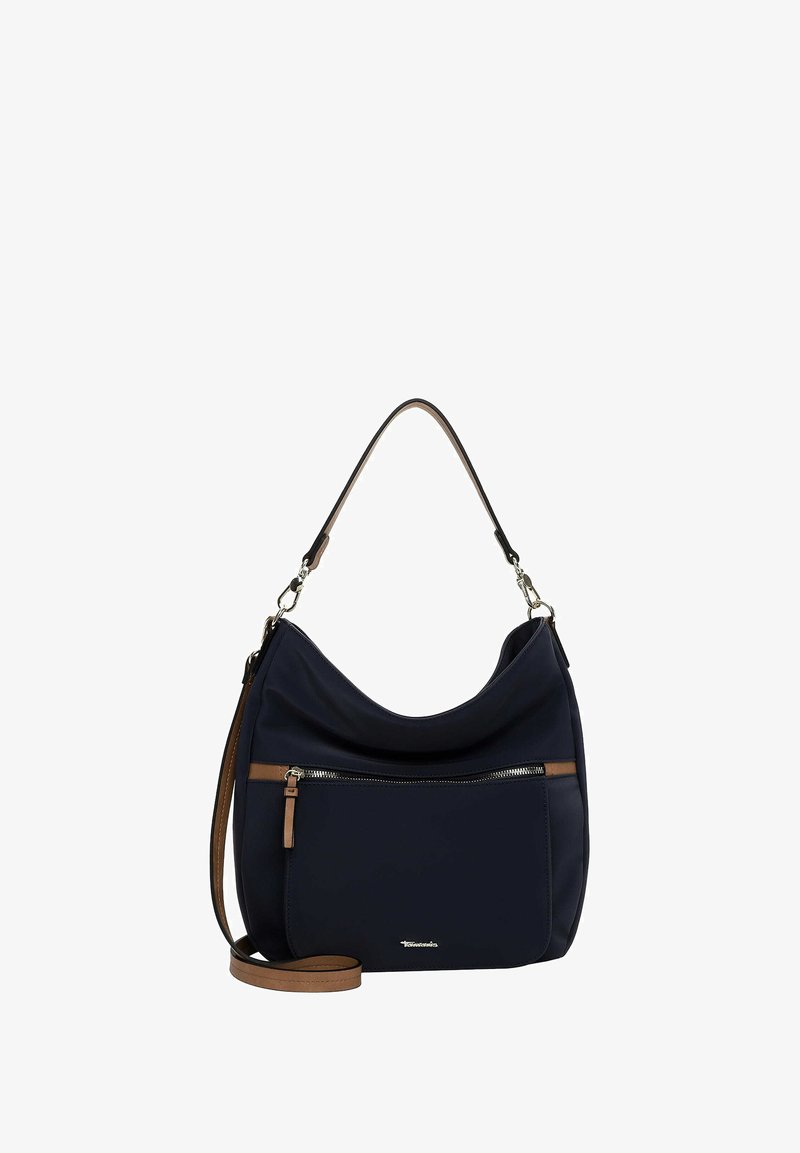 Bolso de hombro de tela suave azul marino con forma curva, detalles de cuero marrón y un bolsillo delantero con cremallera. Cuenta con una correa ajustable.