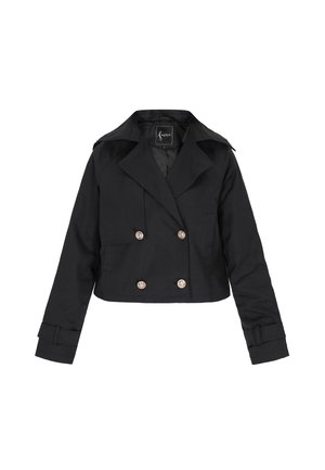 Jachetă scurtă neagră din material moale, cu un front cu două rânduri de nasturi argintii și un guler lat. Mâneci lungi cu mansete.