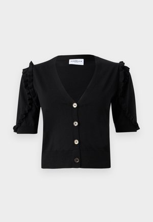Μαύρη ζακέτα με κοντά μανίκια και V-λαιμόκοψη, με βολάν στα μανίκια και πέντε κυκλικά κουμπιά μπροστά.