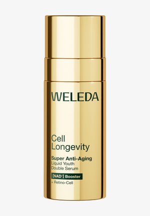 Gouden cilindervormige fles met het label Weleda Cell Longevity Super Anti-Aging Liquid Youth Double Serum met NAD+ Booster en Retino-Cell.