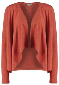 Kardigan o otwartym przodzie z teksturowanej, rdzawej tkaniny. Posiada długie rękawy oraz luźny, swobodny kształt. Minimalistyczne detale szycia.