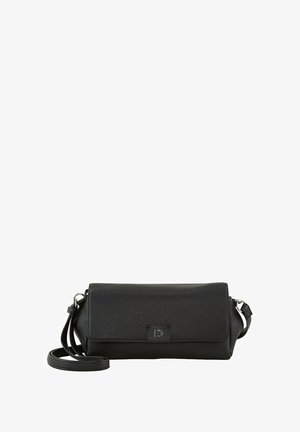 Fekete bőr oldaltáska texturált felülettel, téglalap alakú, behajtható fedéllel és állítható pánttal. Finom logós díszítéssel.