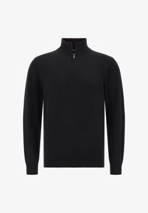 Sweater negro de punto con cuello de cremallera de un cuarto, mangas largas y una textura suave. Presenta puños y dobladillo acanalados.