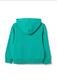 Sudadera color teal con una capucha amplía, puños y dobladillo acanalados, textura suave y un acabado de material liso. Sin detalles o acentos adicionales.