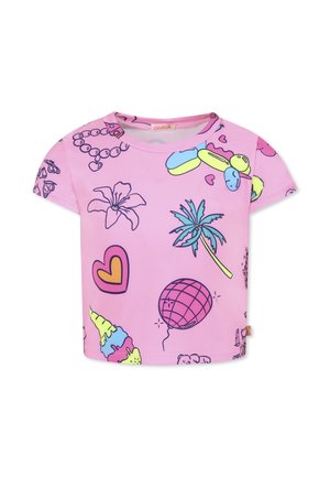 Roze T-shirt met korte mouwen, versierd met verschillende kleurrijke afbeeldingen, waaronder ijsjes, harten en palm bomen, op een gladde stof.