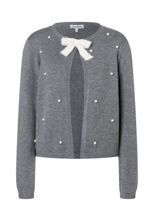 Grey knitted cardigan with long sleeves, scattered pearl embellishments, and a white fuzzy bow closure at the neckline.