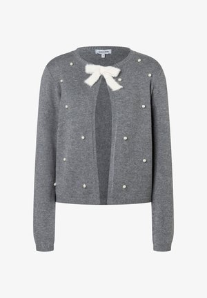 Grey knitted cardigan with long sleeves, scattered pearl embellishments, and a white fuzzy bow closure at the neckline.