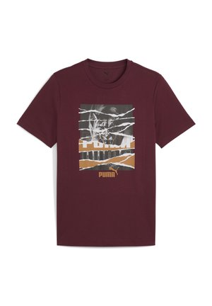 Maroon cotton t-shirt featuring a graphic with layered designs in white, gray, and tan. Includes Puma logo and fragmented text.