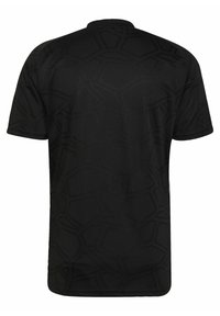 Black short-sleeve t-shirt with a textured geometric pattern, featuring a crew neck and a relaxed fit. Smooth fabric provides comfort.