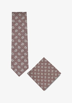 Bruine stropdas en bijpassend pochet met lichtblauw paisley-patroon op een diagonale gestreepte achtergrond.