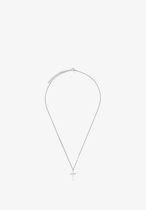 Srebrny naszyjnik łańcuszkowy z prostym zawieszką w kształcie krzyża, gładką teksturą, minimalistycznym wzornictwem i delikatnym wzorem ogniw oraz z regulowanym zapięciem.